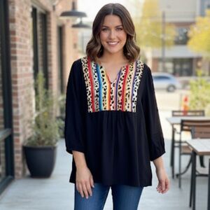 Savanna Jane Boho Chic Black Striped & Leopard Print Blouse – Size L (Large)